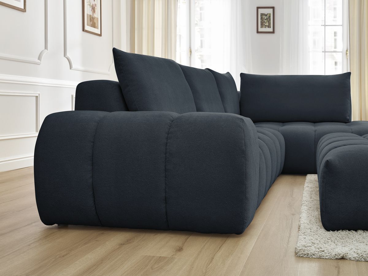 Bobochic Everest Ecksofa mit Schlaffunktion und Pouf, 4 Kissen Strukturstoff Dunkelblau Ecke rechts
