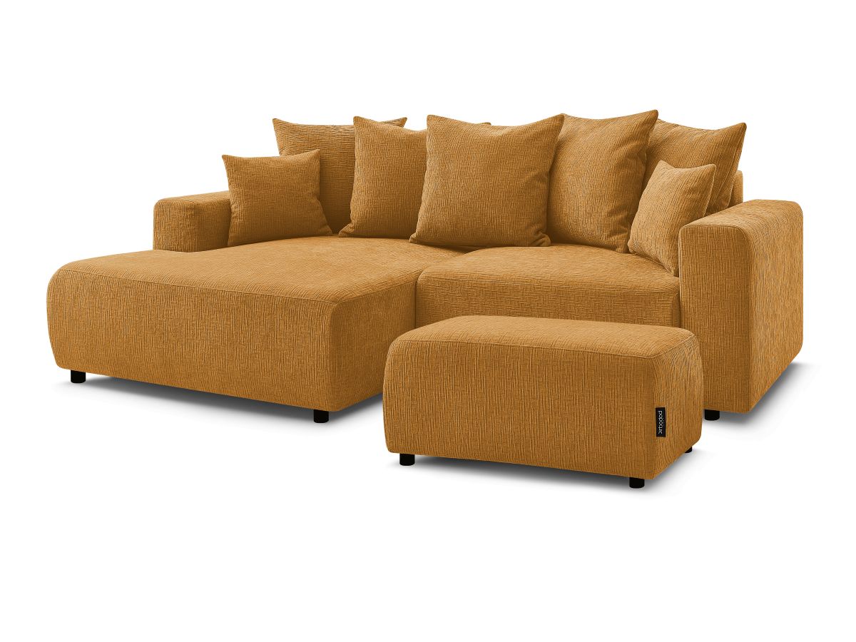 Bobochic Atilla Ecksofa mit Schlaffunktion und Bettkasten und Pouf Strukturstoff Gelb Ecke links