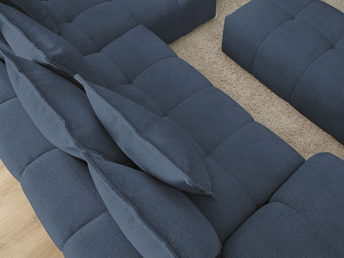 Bobochic Everest Ecksofa mit Schlaffunktion und Bettkasten und Pouf 318 × 180 cm, 7 Kissen Melange-Stoff Dunkelblau Ecke rechts