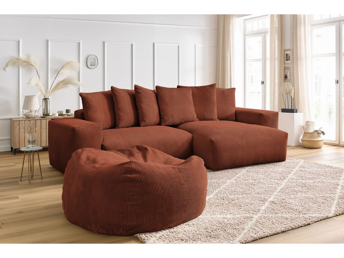 Bobochic Voltaire Ecksofa mit Pouf 310 × 174 cm Cordsamt Orange