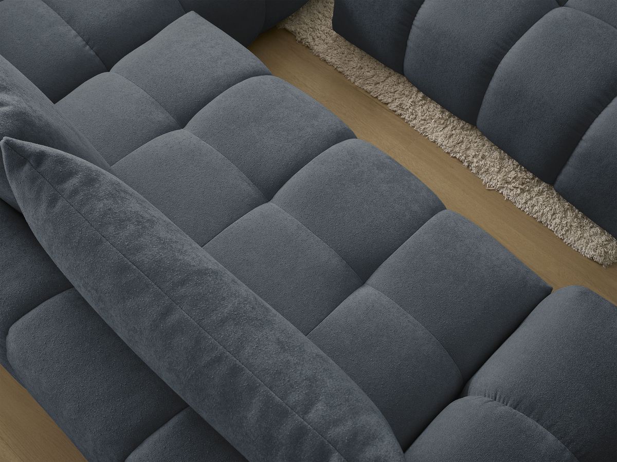 Bobochic Everest Ecksofa mit Schlaffunktion und Bettkasten und Pouf 320 × 212 cm, 5 Kissen Strukturstoff Dunkelblau Ecke rechts