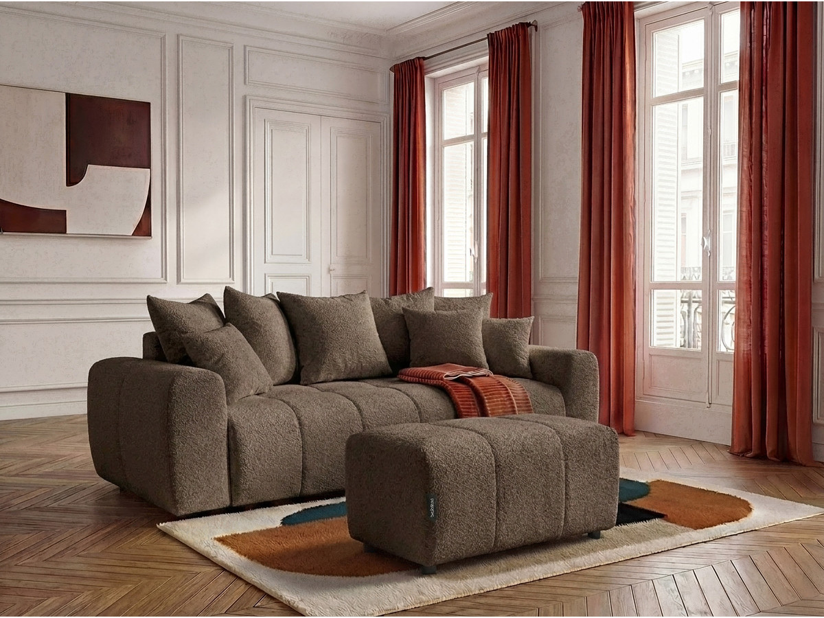 Bobochic Roxelane Schlafsofa 3-Sitzer mit Bettkasten und Pouf Bouclé-Stoff Braun