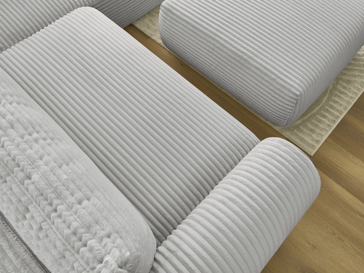 Bobochic Lucien Ecksofa mit Schlaffunktion und Bettkasten und Pouf 296 × 198 cm Breitcord weich Hellgrau Ecke rechts