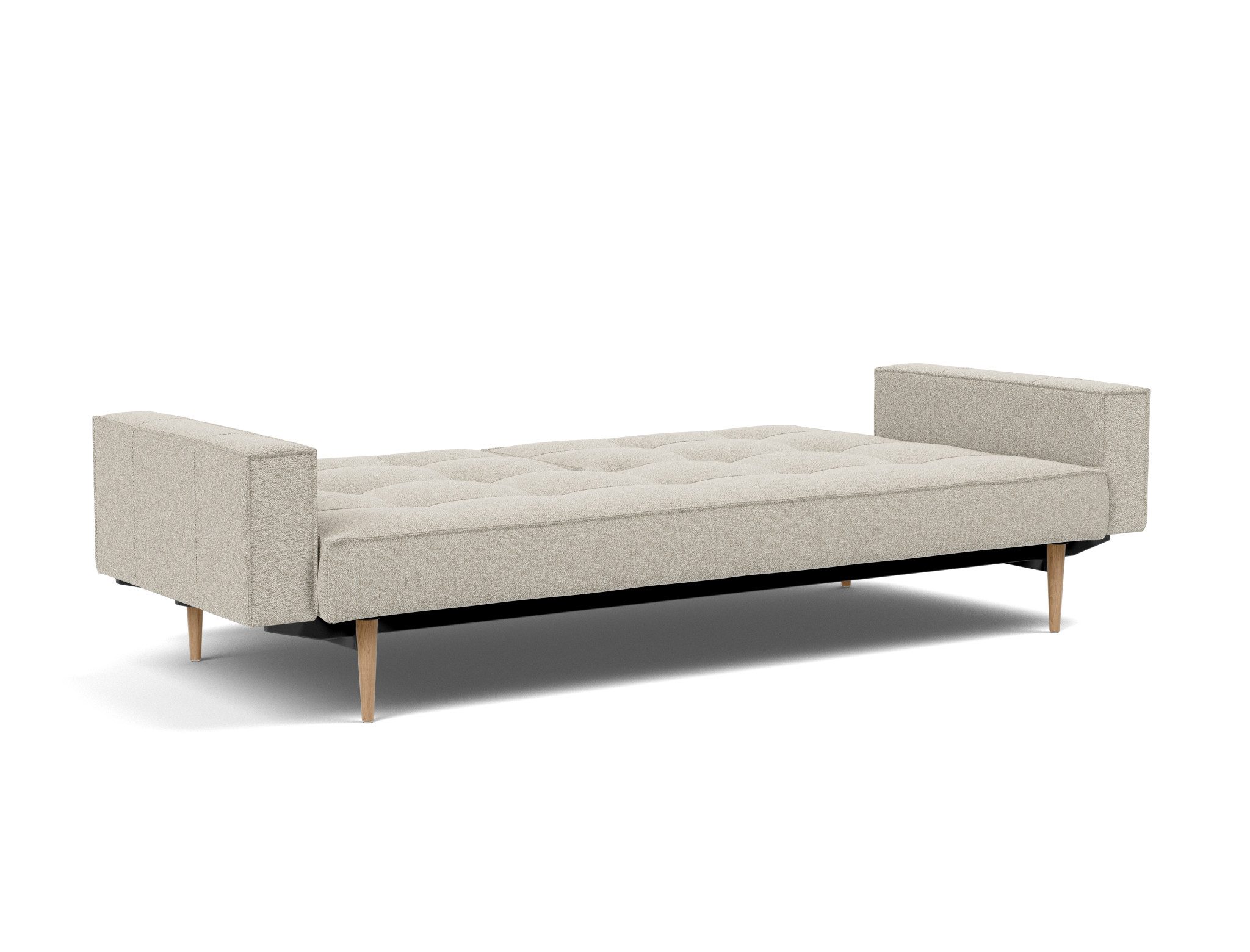 Schlafsofa Splitback mit Armlehnen Boucle Skandi 539-Beige Beine Styletto Eiche hell