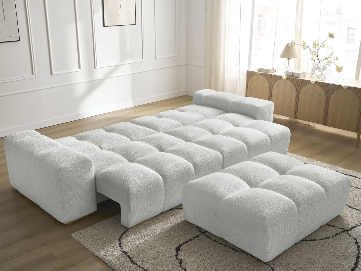 Bobochic Anakin Schlafsofa 3-Sitzer mit Bettkasten und Pouf, 6 Kissen Strukturstoff Hellgrau