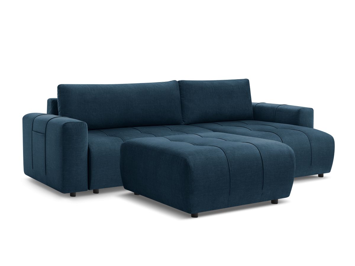 Bobochic Arsene Ecksofa mit Schlaffunktion und Bettkasten und Pouf 288 × 148 cm Samt Blau