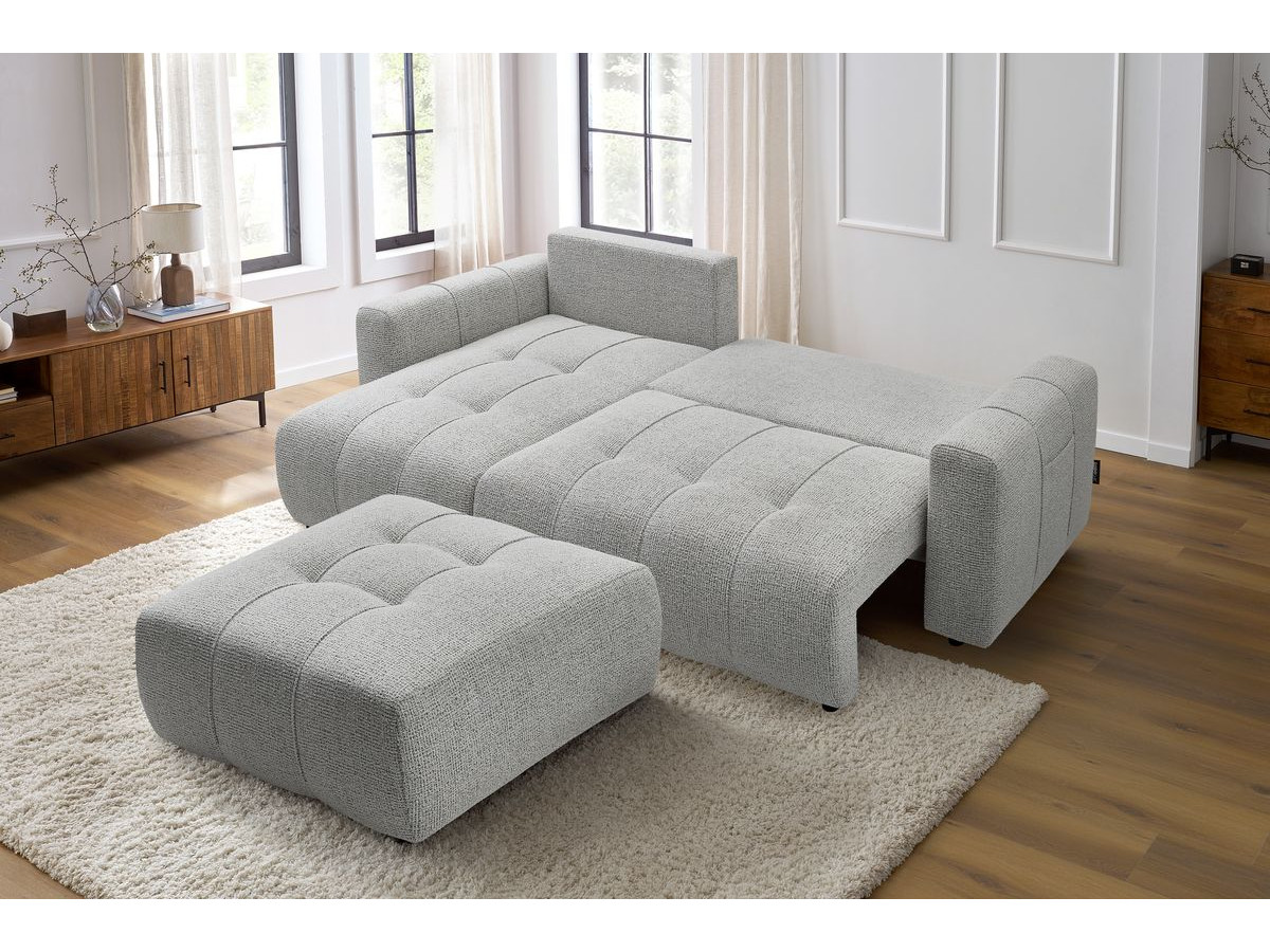 Bobochic Arsene Ecksofa mit Schlaffunktion und Bettkasten und Pouf 288 × 148 cm Melange-Stoff Hellgrau