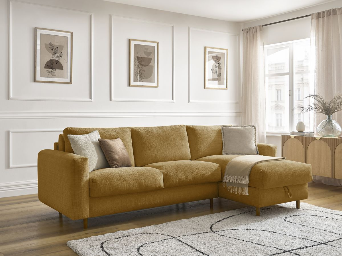 Bobochic Cocoone Ecksofa mit Schlaffunktion und Bettkasten Strukturstoff Gelb, Liegefläche 140 × 200 cm