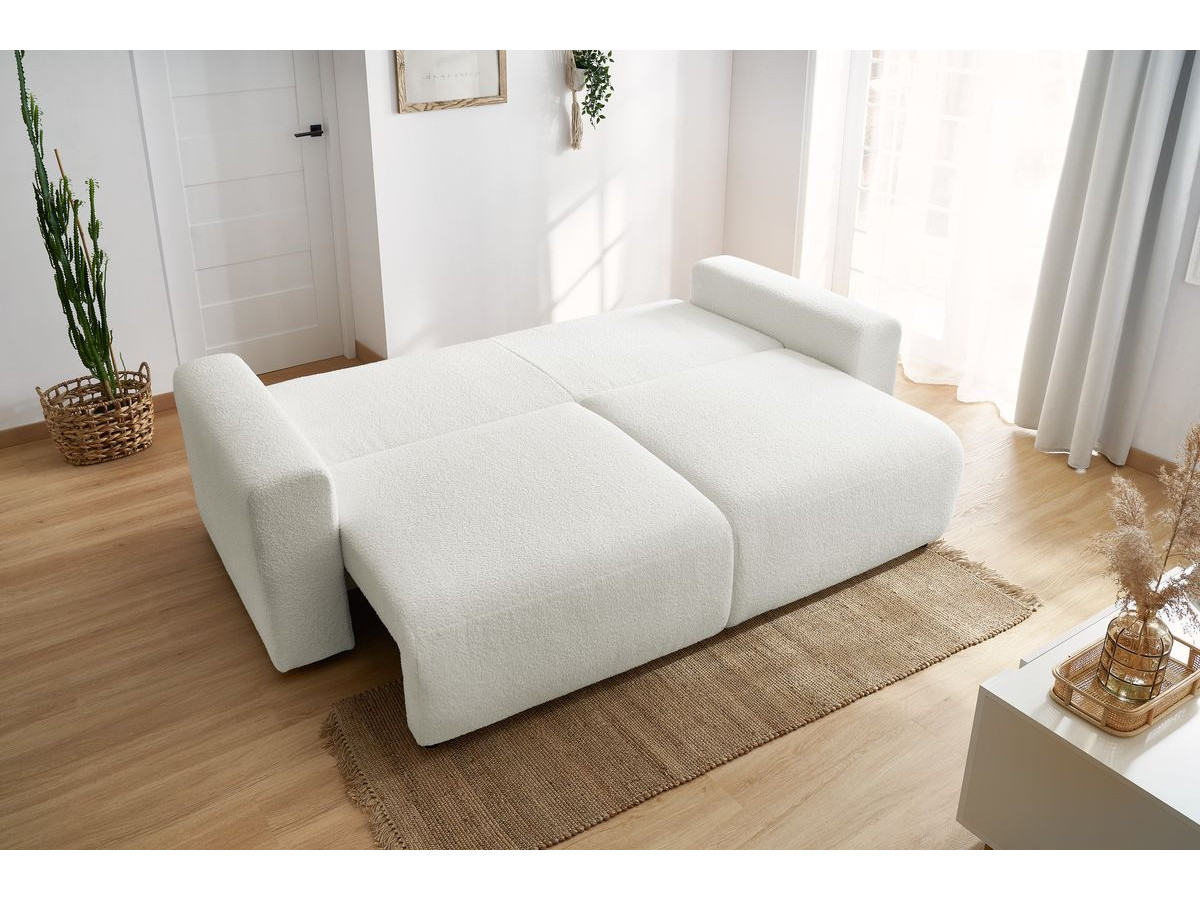 Bobochic Envy Schlafsofa 3-Sitzer mit Bettkasten und rundem Pouf Bouclé-Stoff Weiß