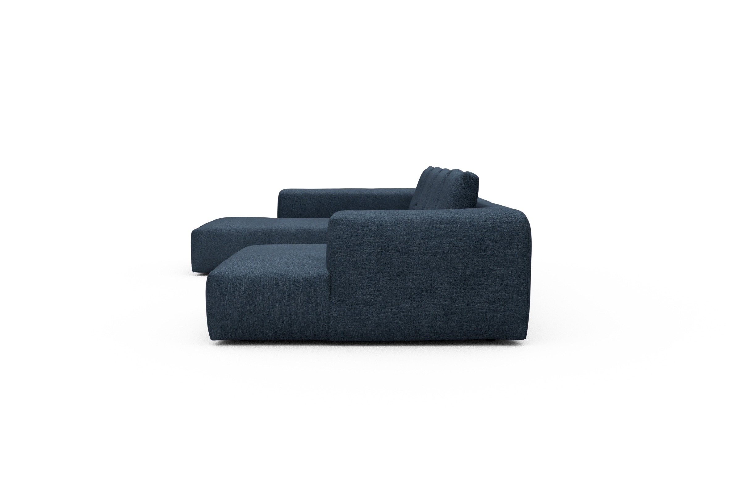 Wohnlandschaft Fred Relax-Ecke links mit 2-Sitzer und Chaiselongue rechts Boucle Skandi 537-Blue