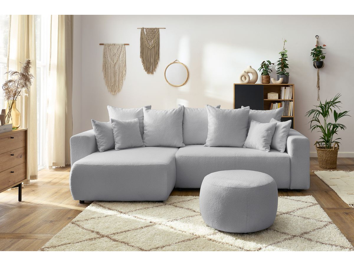 Bobochic Envy Ecksofa mit Schlaffunktion und Bettkasten und rundem Pouf Bouclé-Stoff Hellgrau