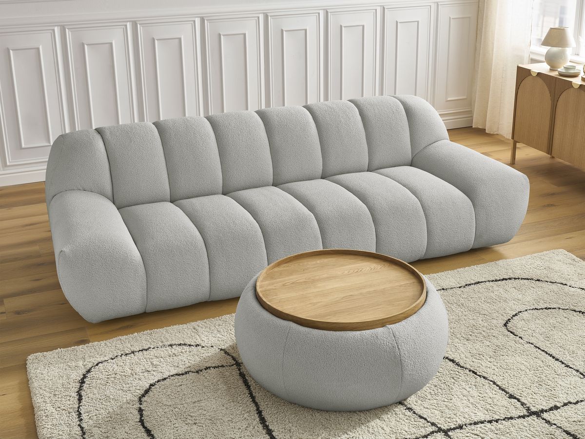Bobochic Hayden Sofa 3-Sitzer mit Pouf 256 × 107 cm Bouclé-Stoff Hellgrau