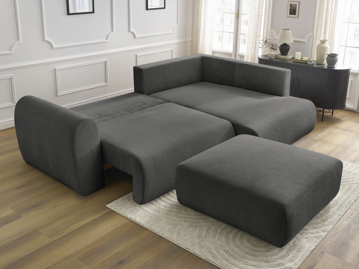 Bobochic Lucien Ecksofa mit Schlaffunktion und Bettkasten und Pouf 296 × 198 cm Stoff Dunkelgrau Ecke rechts