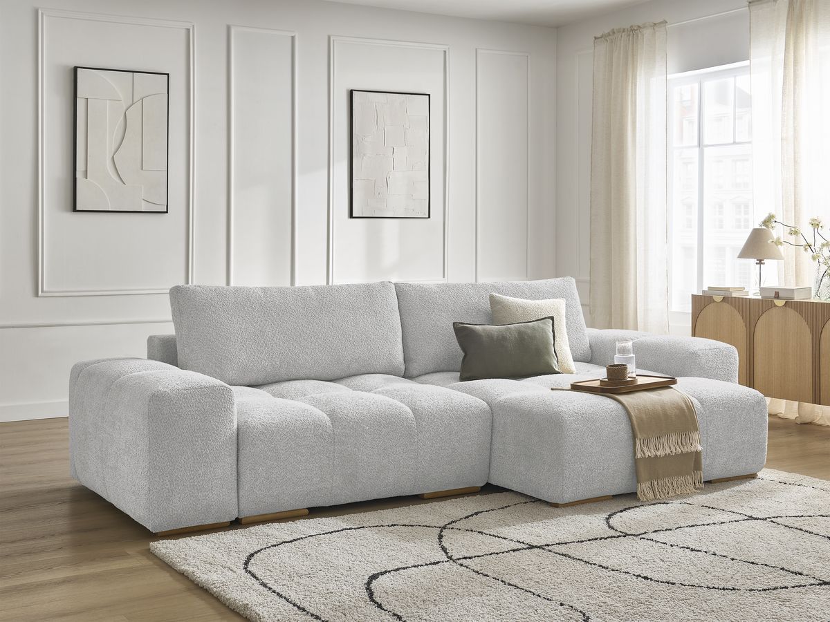 Bobochic Anakin Ecksofa, 2 Kissen Bouclé-Stoff Hellgrau