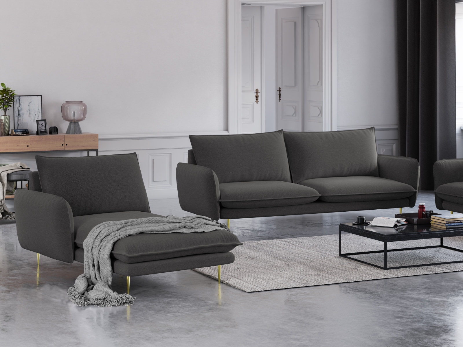 Cosmopolitan Design Chaiselongue Vienna Strukturierter Stoff Positano Dunkelgrau Melange Links Beine Gold