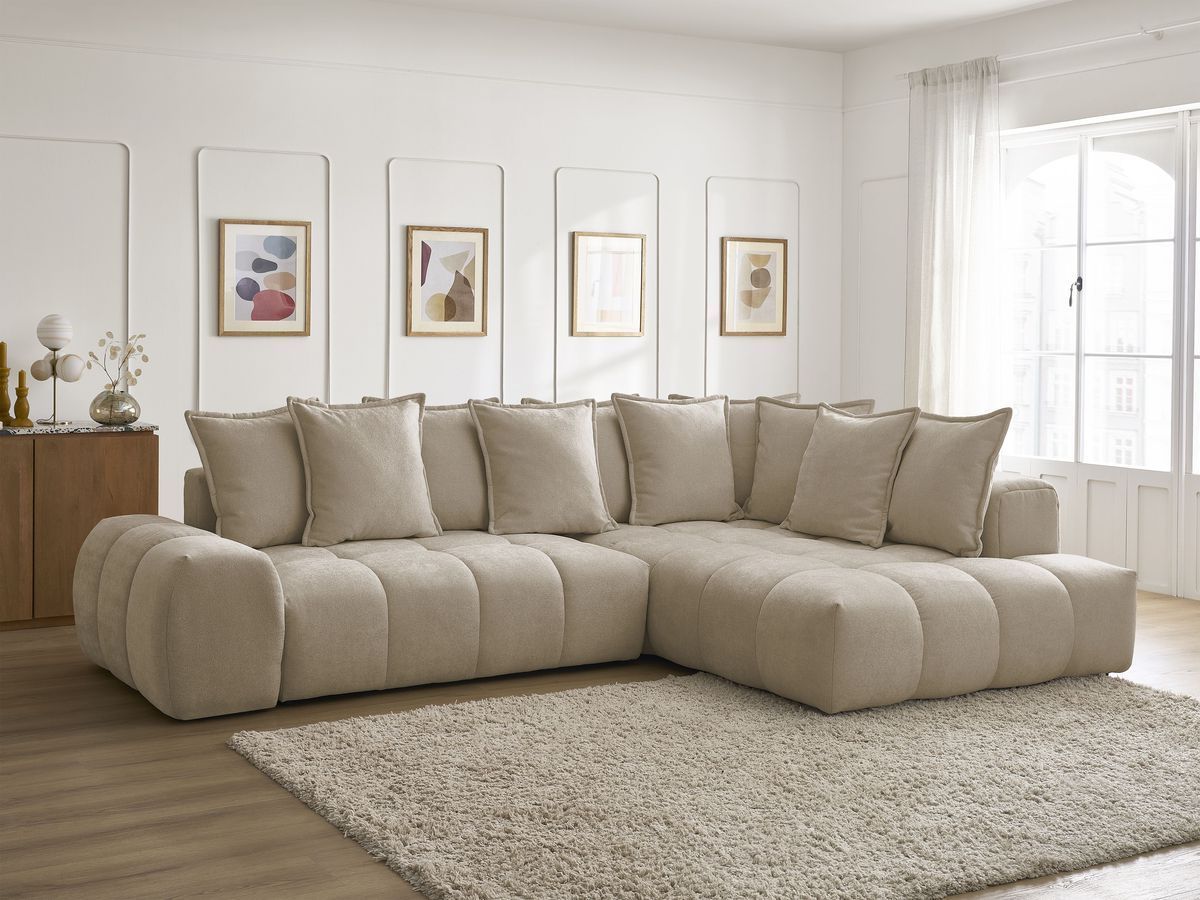 Bobochic Everest Ecksofa mit Schlaffunktion und Bettkasten 320 × 212 cm, 10 Kissen Strukturstoff Taupe Ecke rechts