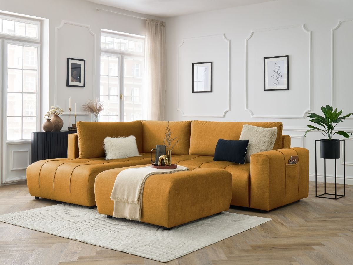 Bobochic Arsene Ecksofa mit Schlaffunktion und Bettkasten und Pouf 277 × 200 cm Samt Gelb Ecke links