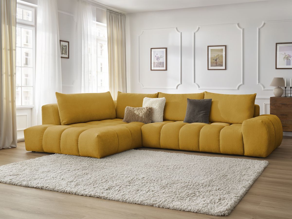 Bobochic Everest Ecksofa, 4 Kissen Strukturstoff Gelb Ecke links