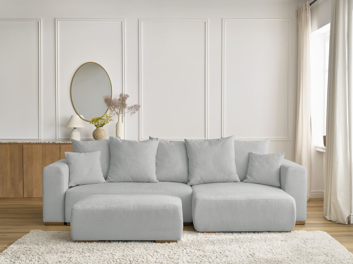 Bobochic Sidonie Ecksofa mit Schlaffunktion und Bettkasten und Pouf Melange-Stoff Hellgrau