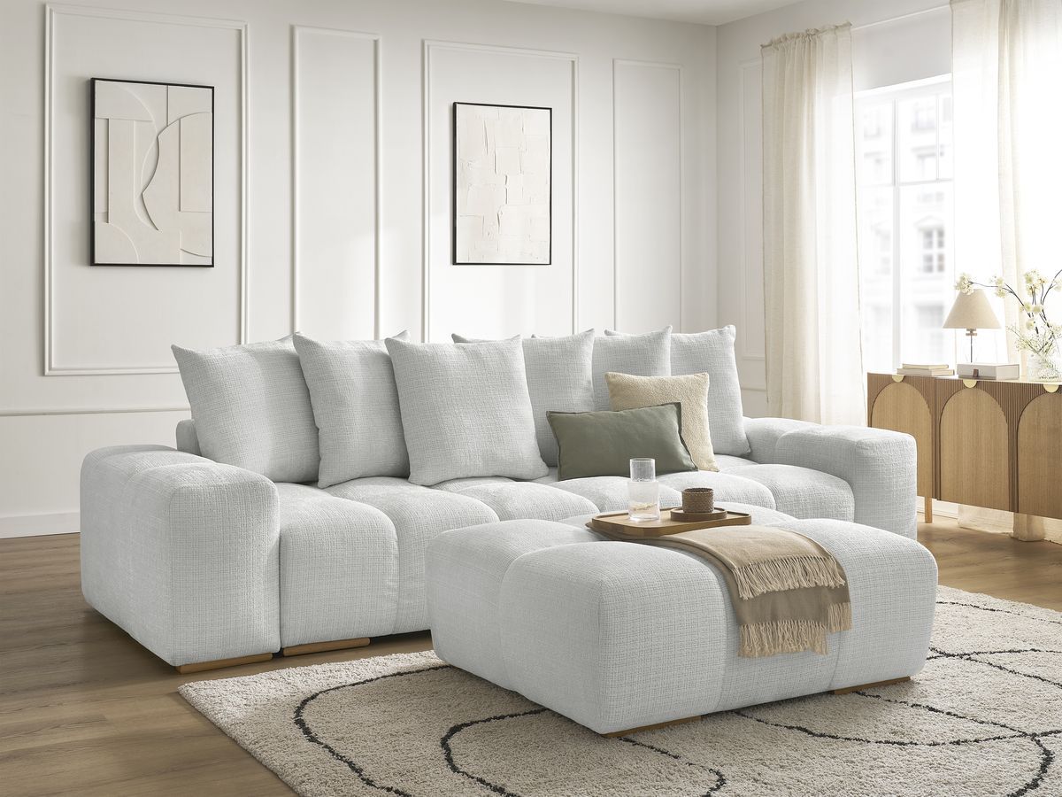 Bobochic Anakin Sofa 3-Sitzer mit Pouf, 6 Kissen Strukturstoff Hellgrau