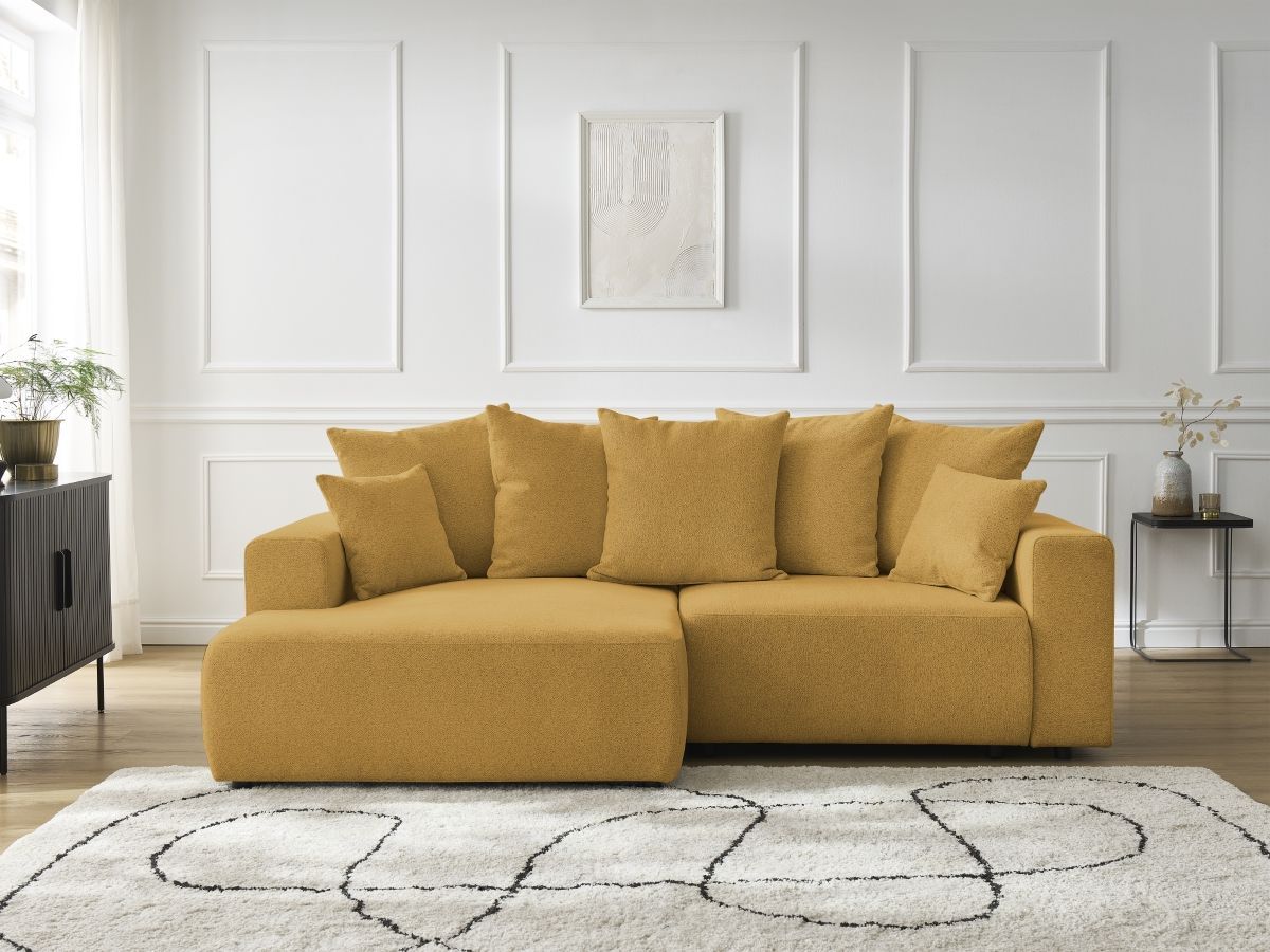 Bobochic Atilla Ecksofa mit Schlaffunktion und Bettkasten Melange-Stoff Gelb Ecke links