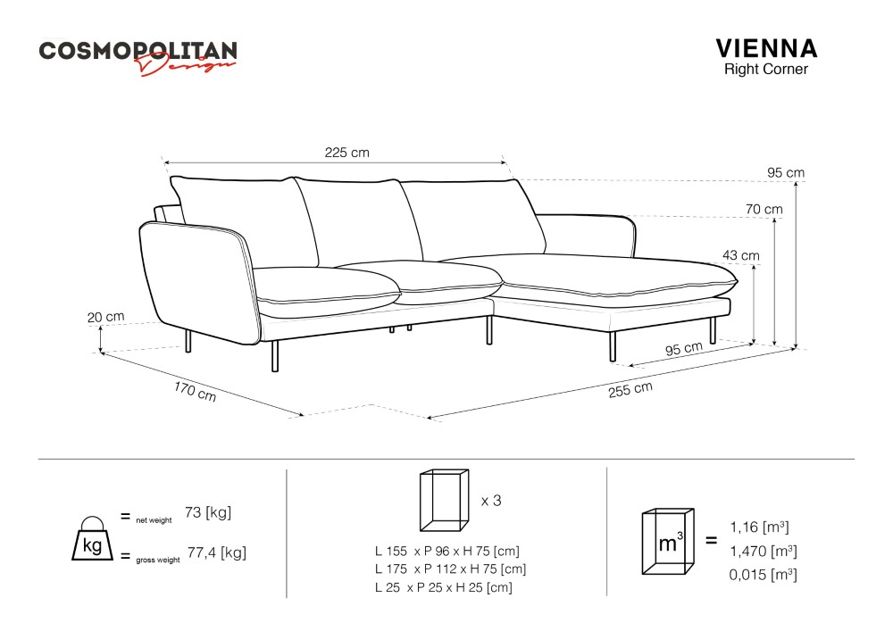 Cosmopolitan Design Ecksofa Vienna 5-Sitzer Samt Bluvel Hellblau Rechts Beine Schwarzes Metall