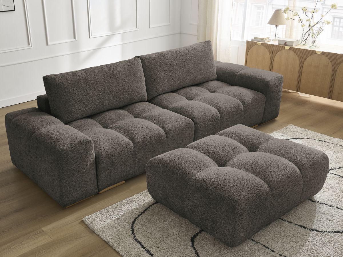 Bobochic Anakin Sofa 3-Sitzer mit Pouf, 2 Kissen Bouclé-Stoff Braun