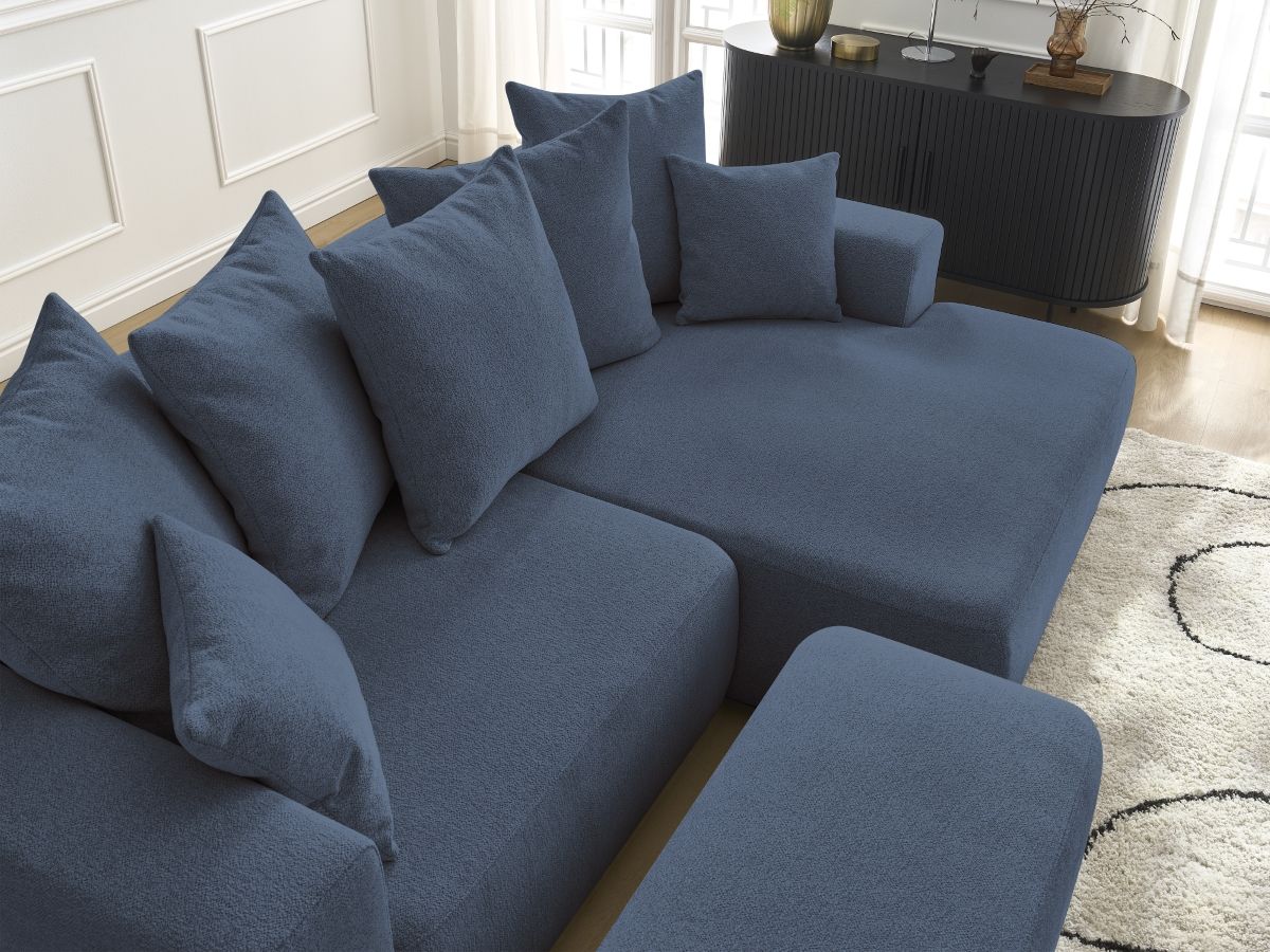 Bobochic Atilla Ecksofa mit Schlaffunktion und Bettkasten und Pouf Melange-Stoff Blau Ecke rechts