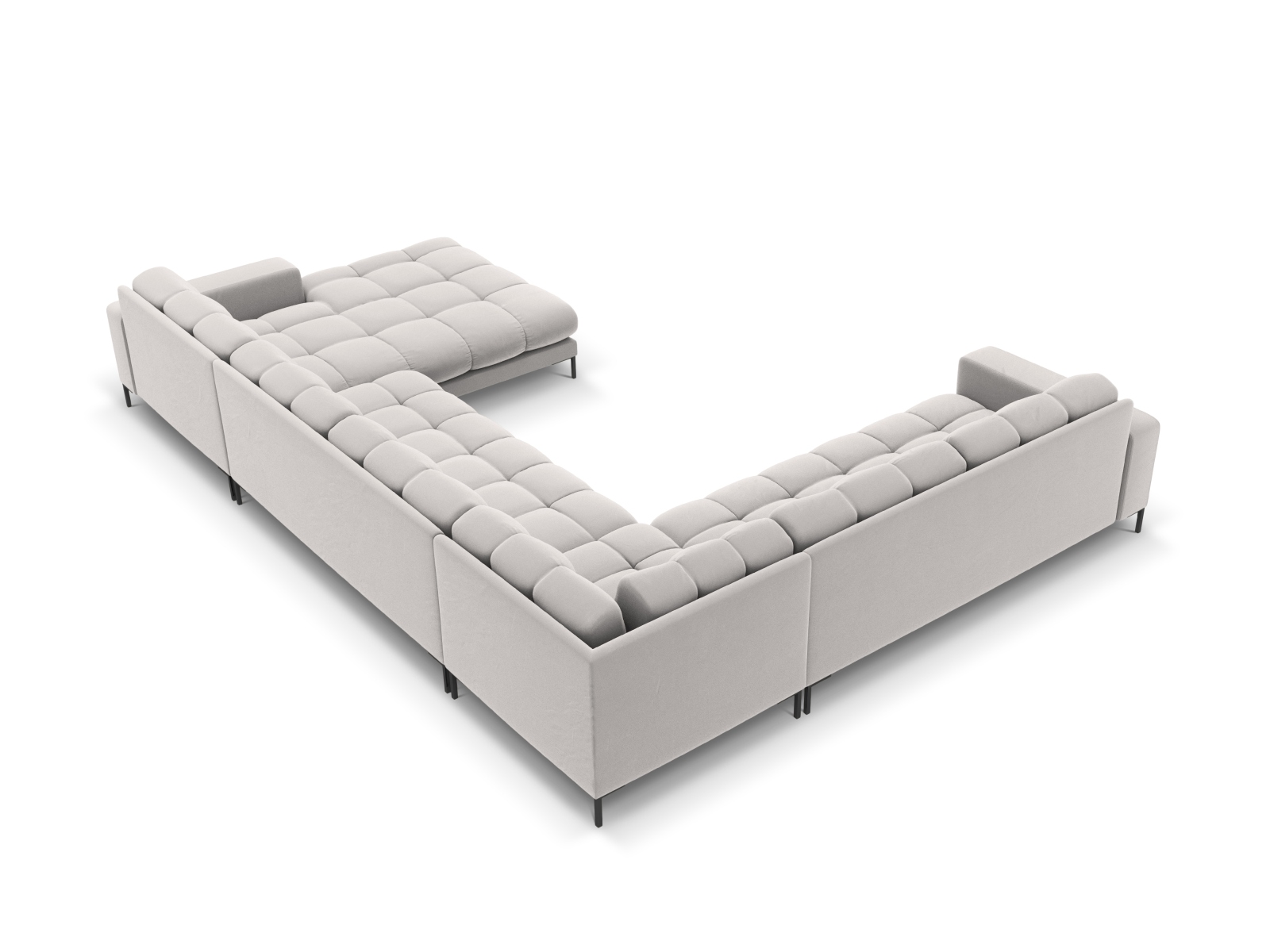 Cosmopolitan Design Panoramasofa Bali 7-Sitzer 327 cm Samt Bluvel Silber Links Beine Schwarzes Metall