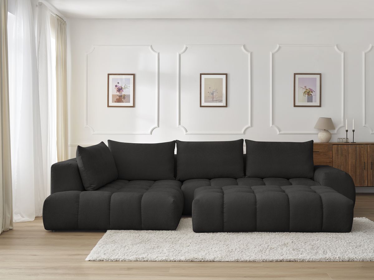 Bobochic Everest Ecksofa mit Schlaffunktion und Pouf, 4 Kissen Strukturstoff Schwarz Ecke links