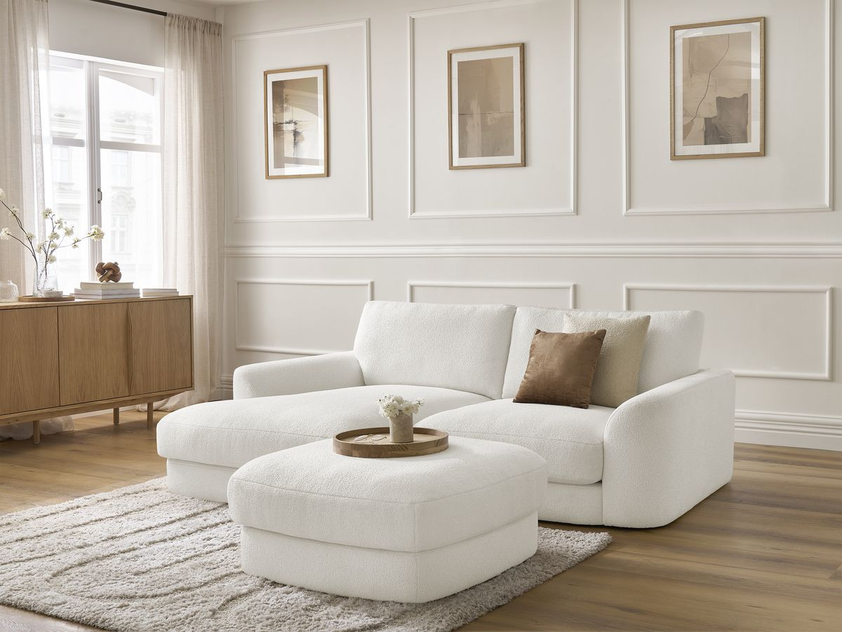 Bobochic Leonore Ecksofa mit Pouf Bouclé-Stoff Weiß Ecke links