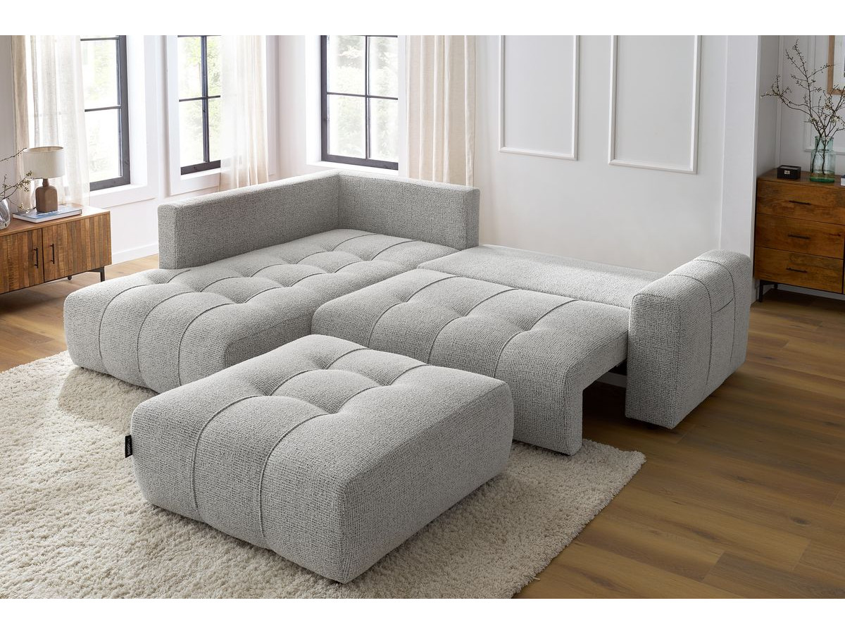 Bobochic Arsene Ecksofa mit Schlaffunktion und Bettkasten und Pouf 277 × 200 cm Melange-Stoff Hellgrau Ecke links