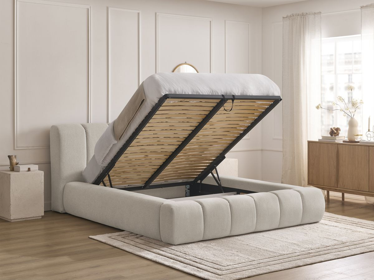 Bobochic Denali Polsterbett mit Bettkasten Stoff Beige, Liegefläche 140 × 190 cm