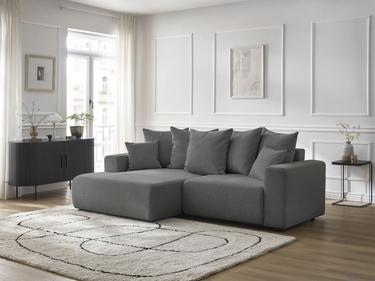 Bobochic Atilla Ecksofa mit Schlaffunktion und Bettkasten Melange-Stoff Dunkelgrau Ecke links