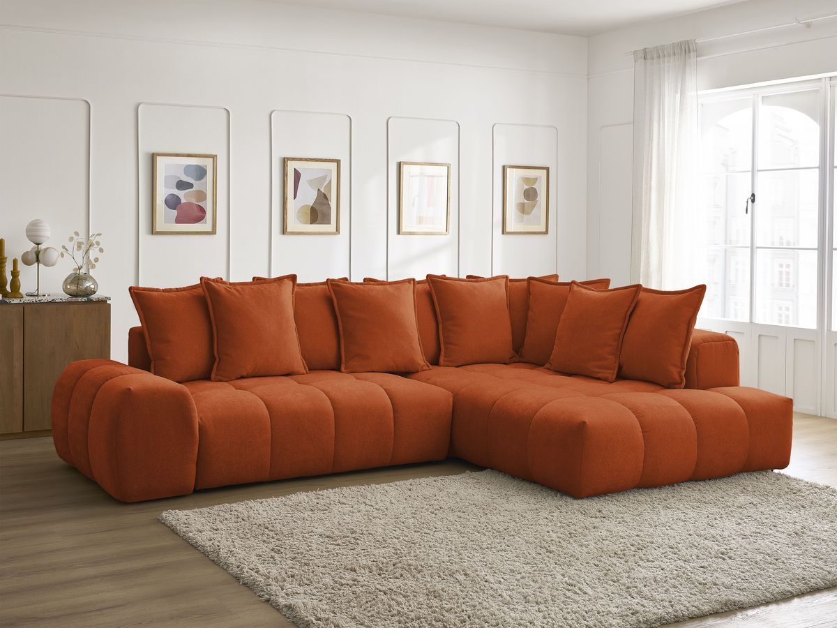 Bobochic Everest Ecksofa mit Schlaffunktion und Bettkasten 320 × 212 cm, 10 Kissen Strukturstoff Orange Ecke rechts