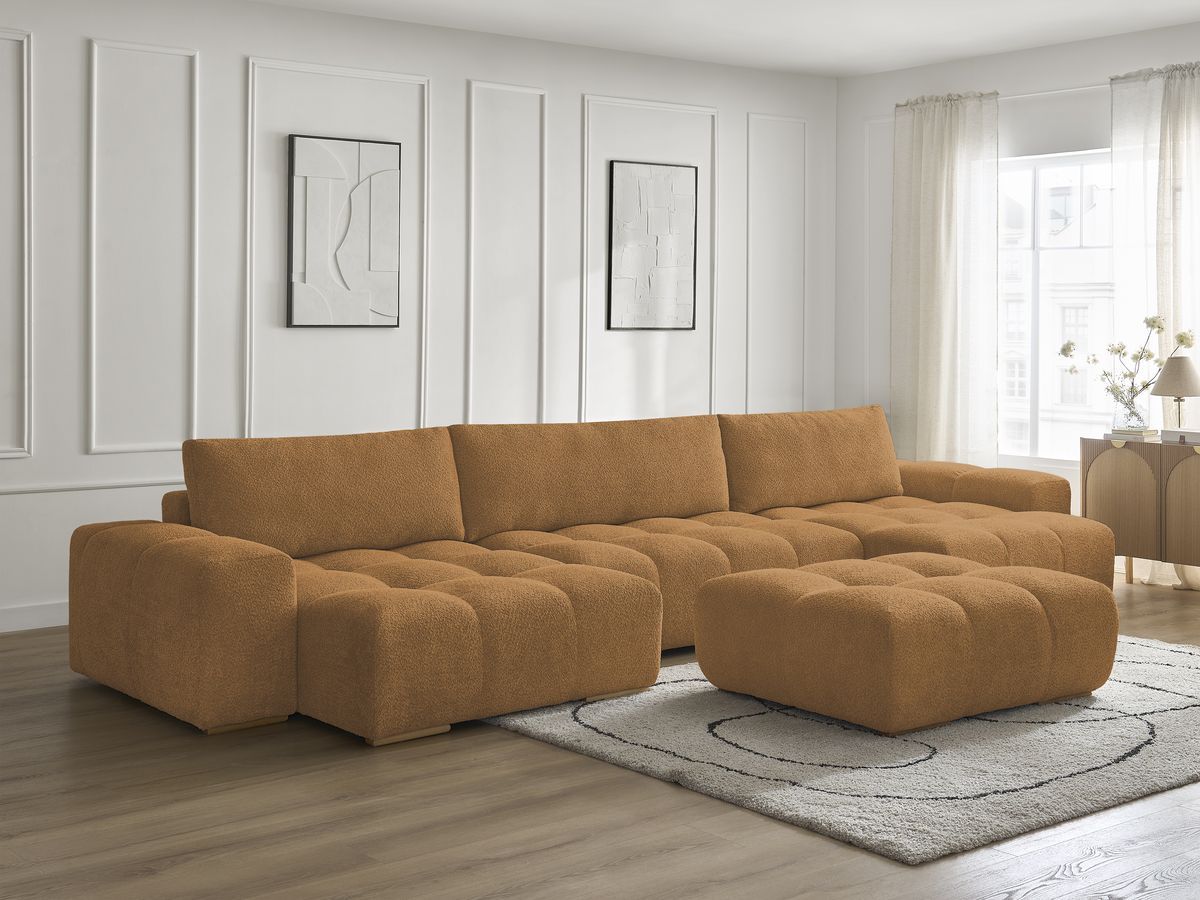 Bobochic Anakin Wohnlandschaft mit Pouf, Liegefläche 137 × 382 cm, 3 Kissen Bouclé-Stoff Gelb