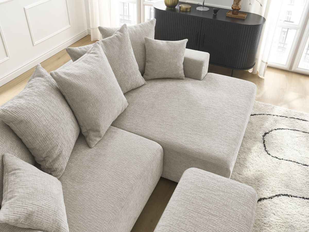 Bobochic Atilla Ecksofa mit Schlaffunktion und Bettkasten und Pouf Strukturstoff Beige Ecke rechts