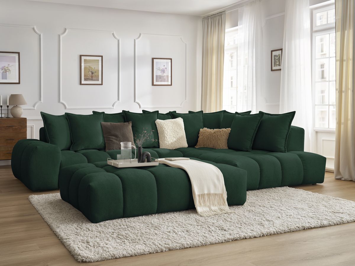 Bobochic Everest Ecksofa mit Schlaffunktion und Pouf, 10 Kissen Strukturstoff Grün Ecke rechts