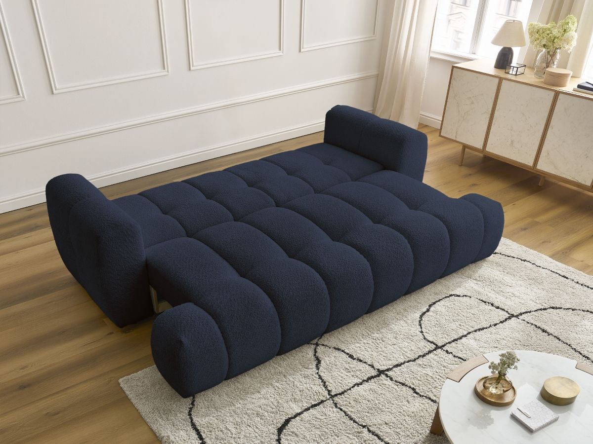 Bobochic Fuji Schlafsofa 3-Sitzer mit Bettkasten Bouclé-Stoff Dunkelblau