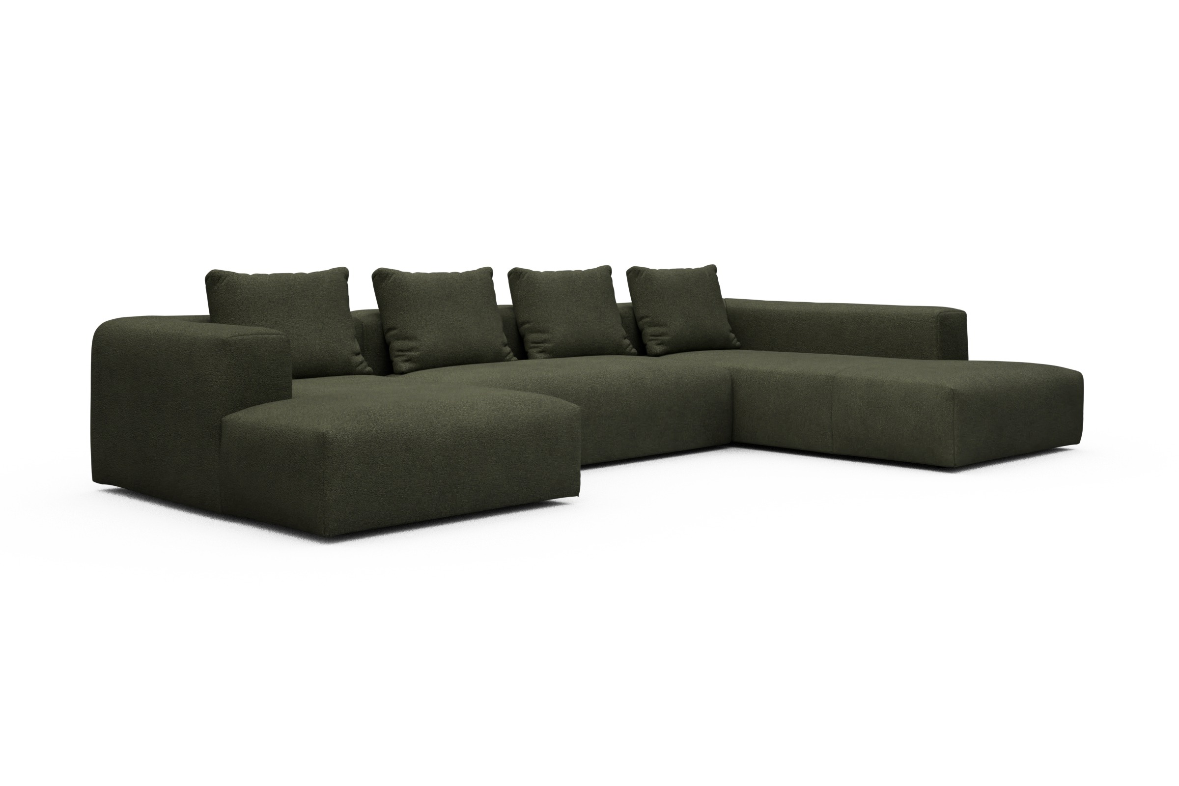 Wohnlandschaft Fred Relax-Ecke rechts mit 2-Sitzer und Chaiselongue links Boucle-Forest-Green