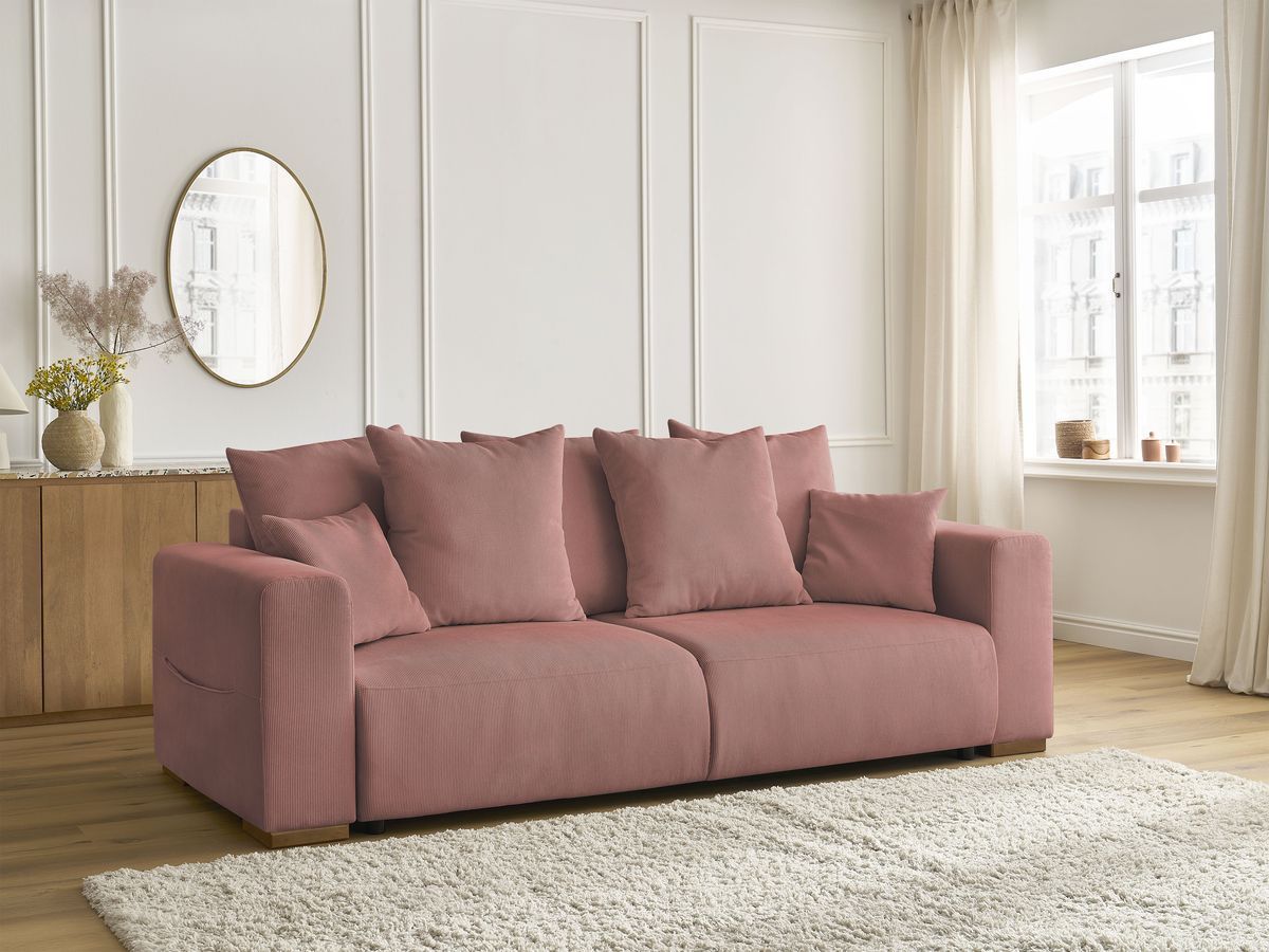 Bobochic Sidonie Schlafsofa 3-Sitzer mit Bettkasten Cordsamt Rosa