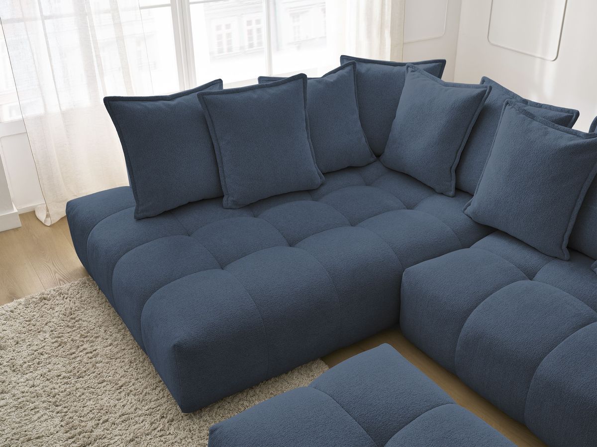 Bobochic Everest Ecksofa mit Schlaffunktion und Bettkasten und Pouf 320 × 212 cm, 10 Kissen Melange-Stoff Dunkelblau Ecke links
