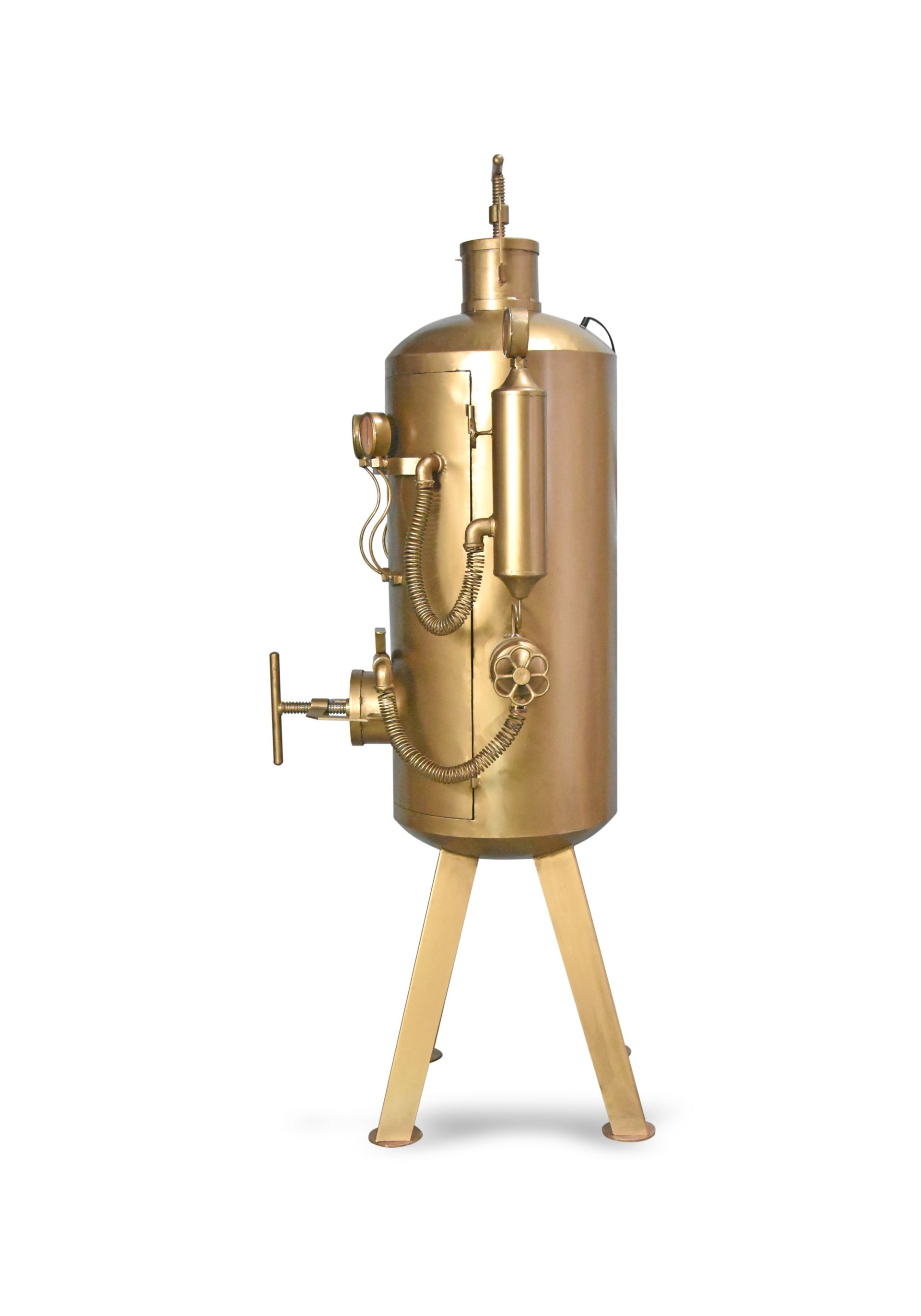 Möbelfaktor Vault Gold Industrial-Minibar in Gold – Seitenansicht des Druckkessels mit Absperrventil