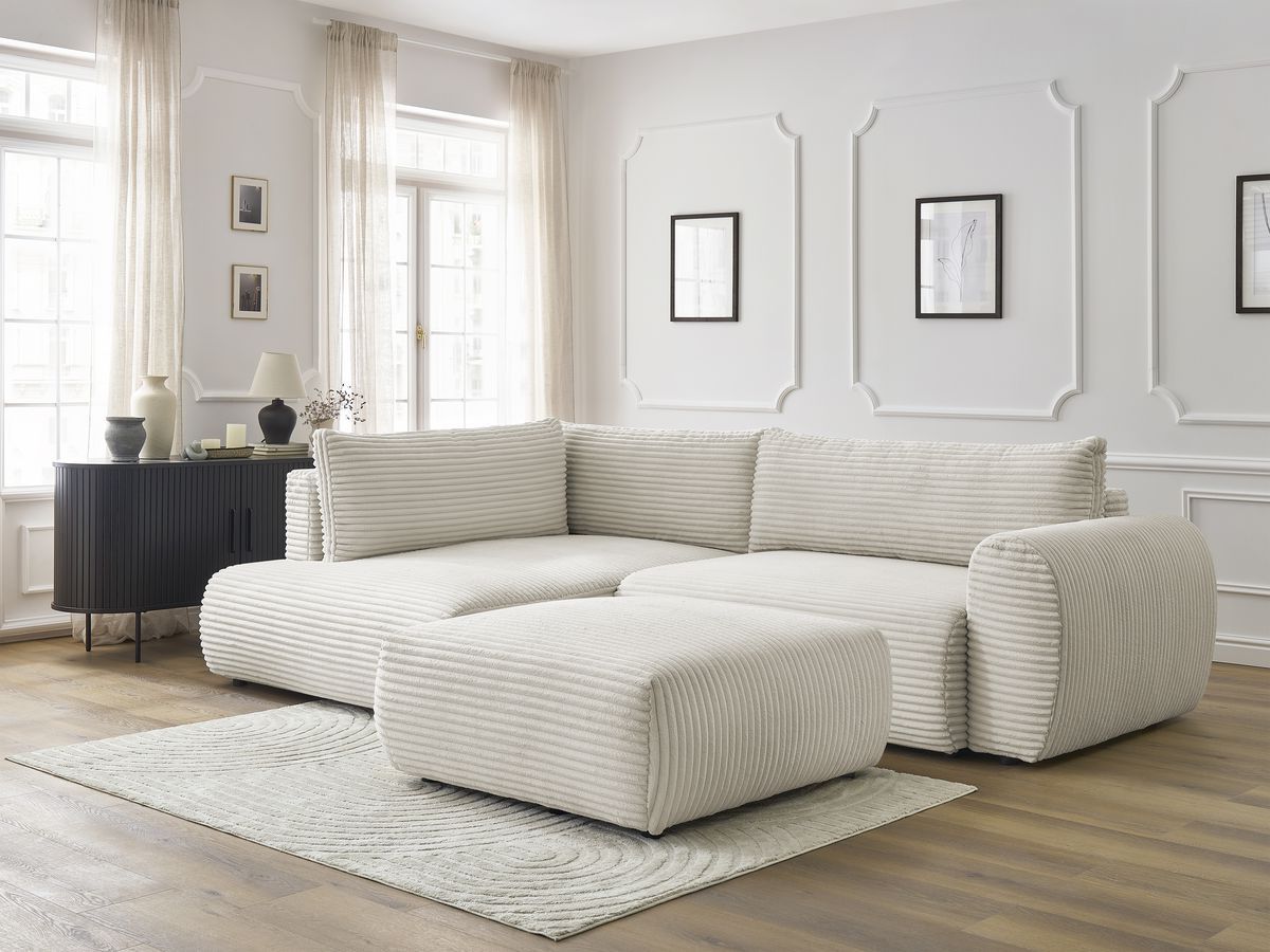Bobochic Lucien Ecksofa mit Schlaffunktion und Bettkasten und Pouf 296 × 198 cm Breitcord weich Beige Ecke links