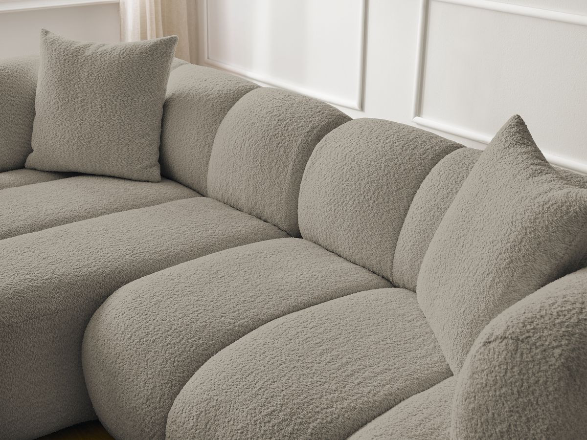 Bobochic Pamira Ecksofa mit Pouf Bouclé-Stoff Taupe Ecke links