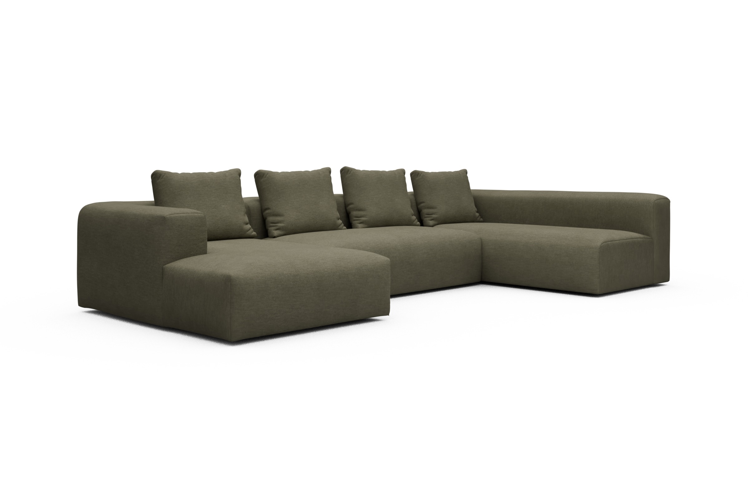 Wohnlandschaft Fred Chaiselongue links mit 2-Sitzer und lange Armlehne rechts Vivus-Dusty-Olive