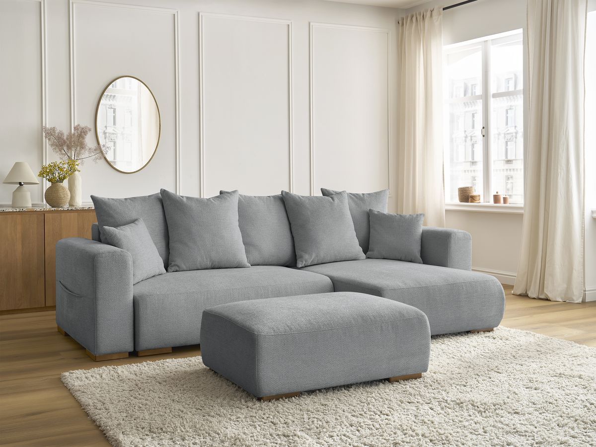 Bobochic Sidonie Ecksofa mit Schlaffunktion und Bettkasten und Pouf Melange-Stoff Dunkelgrau