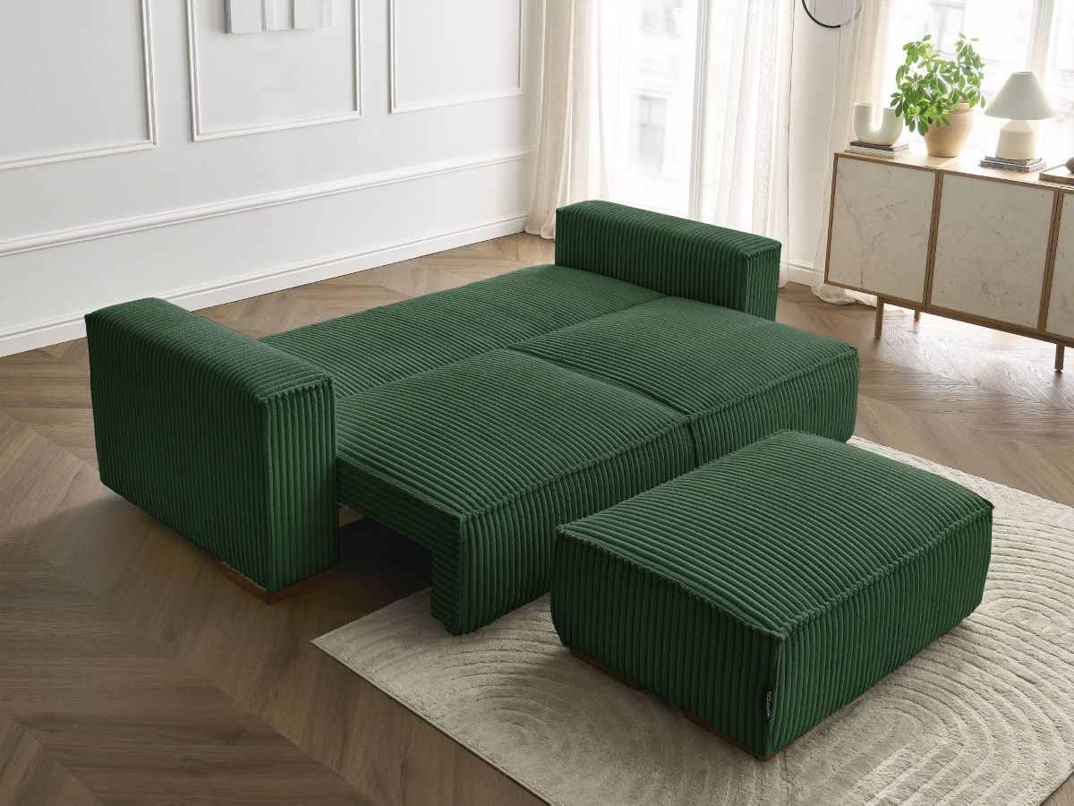 Bobochic Chelsea Schlafsofa 4-Sitzer mit Bettkasten und Pouf Breitcord weich Grün