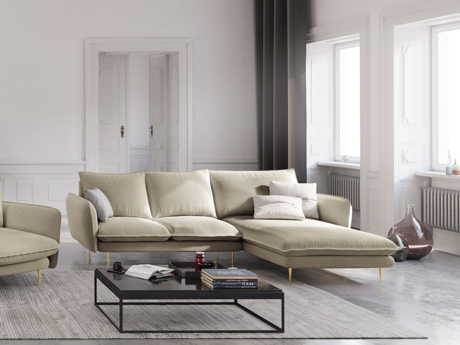 Cosmopolitan Design Ecksofa Vienna 5-Sitzer Strukturierter Stoff Positano Beige Rechts Beine Gold