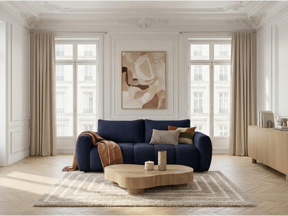 Bobochic Fuji Schlafsofa 3-Sitzer Bouclé-Stoff Dunkelblau